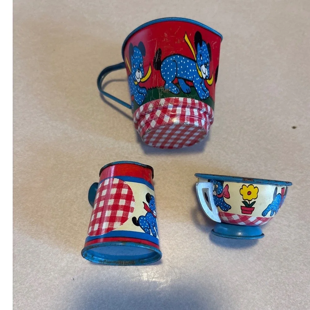 Vintage Tin Litho Toy Tea Set Blue Polka Dot Dog Red Gingham‎ Mid Century 15pc